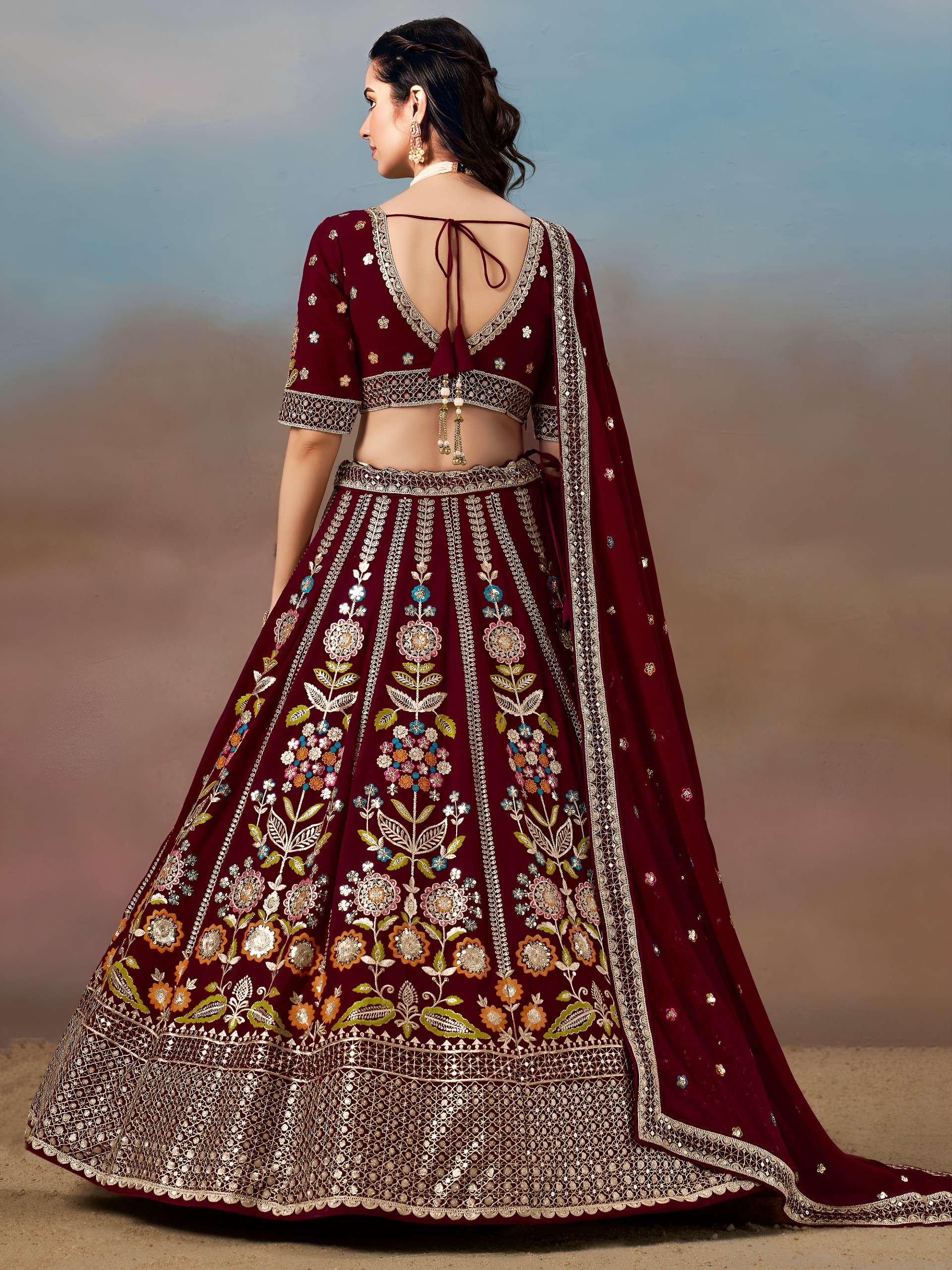 Regal Maroon Multicolor with Floral and Georgette fabric with Embroidered Lehenga Choli 6008 Maroon 